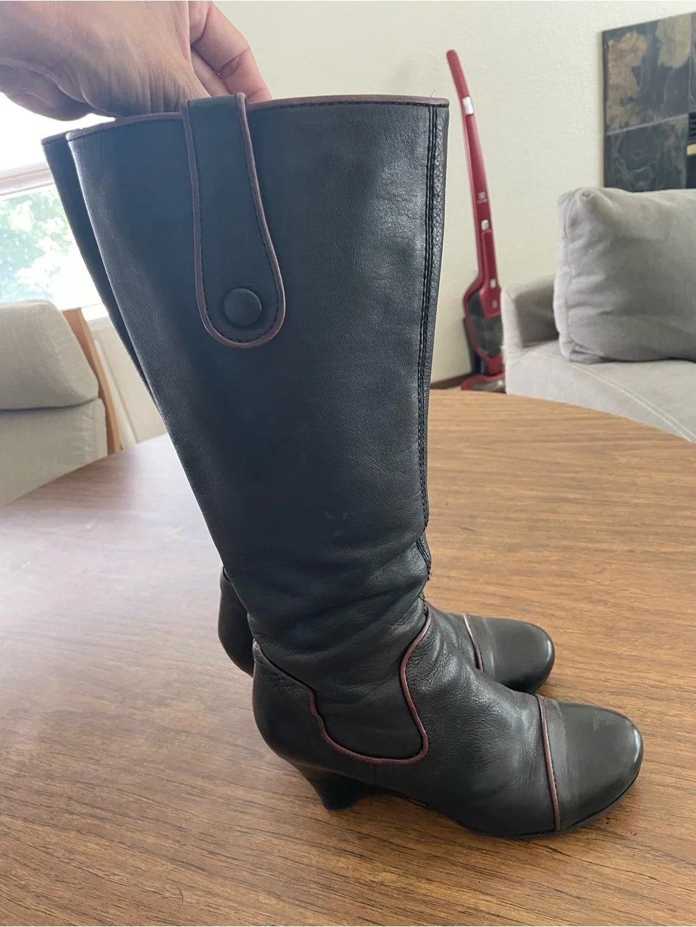 Biviel Black Leather with Magenta piping Knee-High Women’s Boots